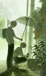  2boys animal arm_up baby_animal bag bakugou_katsuki belt black_cat black_pants blue_eyes boku_no_hero_academia box brown_eyes cardboard_box cat collared_shirt flower heterochromia highres holding holding_animal holding_cat holding_umbrella kitten looking_at_another male_focus multicolored_hair multiple_boys orange_flower outdoors outstretched_arm pants plant potted_plant power_lines rain red_hair shirt shirt_tucked_in shoes short_hair short_sleeves shoulder_bag sideways_glance sky spiky_hair split-color_hair squatting todoroki_shoto transparent transparent_umbrella tree umbrella undodo_0 utility_pole very_short_hair wet wet_clothes white_hair white_shirt white_shoes wing_collar 