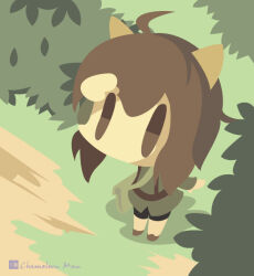  1girl ahoge animal_ears arm_up black_shorts brown_eyes brown_hair brown_shoes cat_ears cat_girl chameleon_man_(three) character_request chibi chibi_only commentary_request day double-parted_bangs full_body grass green_shirt hair_between_eyes long_sleeves no_lineart no_mouth outdoors shirt shoes short_hair shorts solo standing strike_witches world_witches_series 