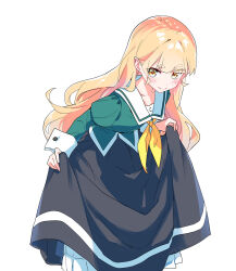  1girl black_skirt blonde_hair blush collarbone commentary_request curtsey feet_out_of_frame green_shirt highres juliet_sleeves liebe_girls_academy_school_uniform long_hair long_skirt long_sleeves looking_at_viewer miman neckerchief puffy_sleeves sailor_collar school_uniform shiraki_hime shirt simple_background single_horizontal_stripe skirt smile solo thick_eyebrows watashi_no_yuri_wa_oshigoto_desu! white_background white_sailor_collar white_wrist_cuffs wrist_cuffs yellow_eyes yellow_neckerchief 