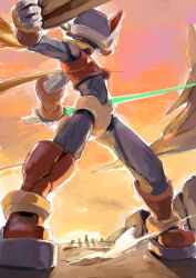  1boy armor commentary_request energy_sword helmet highres holding holding_sword holding_weapon mega_man_(series) mega_man_zero_(series) omochi_(mochi_skymega) red_armor red_helmet sketch solo_focus standing sword weapon z_saber zero(z)_(mega_man) zero_(mega_man) 