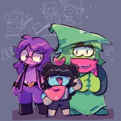  !? 1girl 2others :< :3 :d aqua_(deltarune) aqua_skin arm_up armor armored_boots artist_name axe black_boots black_hair blunt_bangs bodysuit boots bow bracelet breastplate buckle capelet colored_skin commentary cosplay covered_eyes deltarune fang flying_sweatdrops gauntlets glasses green_(deltarune) green_eyes green_robe green_shoes green_skin grey_background greycat hair_bow half-closed_eyes hat heart heart-shaped_buckle holding holding_axe holding_knife jewelry knife kris_(deltarune) kris_(deltarune)_(cosplay) long_hair looking_at_viewer multiple_others own_hands_together pants pink_capelet pink_scarf purple_hair purple_pants purple_shirt purple_skin ralsei ralsei_(cosplay) red_bow robe round_eyewear scarf seth_(deltarune) shirt shoes short_side_ponytail short_twintails side_ponytail sketch skin_fang smile spiked_bracelet spikes susie_(deltarune) susie_(deltarune)_(cosplay) twintails utdr_(toby_fox) violet_eyes witch_hat 