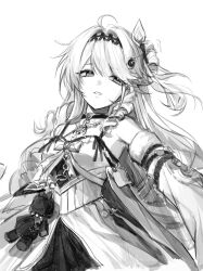  1girl absurdres bare_shoulders breasts chain commentary_request denia_(wuthering_waves) detached_sleeves dress greyscale hair_ornament highres jeulpa_216 long_hair monochrome parted_lips simple_background small_breasts solo stuffed_toy upper_body white_background wuthering_waves 
