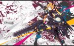 animal_ears black_legwear blonde_hair blue_eyes boots chainsaw collaboration cross-laced_footwear hair_ribbon highres hiiragi_ryo hiiragi_ryou lace-up_boots letterboxed original poko ribbon skirt solo thighhighs twintails wallpaper weapon 
