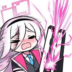  1girl ayanami_barrage_(meme) black_hairband black_jacket blazer blue_archive blue_necktie blush closed_eyes collared_shirt commentary_request double-parted_bangs energy_beam facing_ahead hair_between_eyes hairband halo jacket kei_(blue_archive) kei_(student)_(blue_archive) long_hair long_hair_between_eyes meme necktie no_nose nose_blush open_clothes open_jacket open_mouth peanut_mouth pink_halo pink_jacket railgun raised_inner_eyebrows rectangular_halo shirt simple_background solo two-sided_fabric two-sided_jacket upper_body white_background white_hair white_shirt yoowaru 