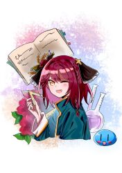  1girl :d atelier_(series) atelier_sophie book commentary_request double-parted_bangs fang looking_at_viewer medium_hair miclo0065947470 one_eye_closed open_mouth potion puni_(atelier) red_hair smile sophie_neuenmuller yellow_eyes 