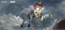  1girl atomic_heart bird_hair_ornament black_gloves black_leggings blue_eyes blue_sky boots braid braided_hair_rings brown_hair clockwork clouds copyright_name copyright_notice floating flutterpage gloves grey_boots grey_shirt grey_shorts hair_ornament hair_rings highres knees_up leggings logo looking_at_viewer official_alternate_costume official_art official_wallpaper puffy_short_sleeves puffy_sleeves reverse:1999 see-through_clothes see-through_skirt shirt short_sleeves shorts shorts_under_skirt skirt sky solo 