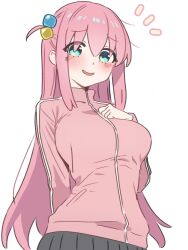  1girl aqua_eyes black_skirt blush bocchi_the_rock! breasts commentary cube_hair_ornament gotoh_hitori hair_between_eyes hair_ornament highres jacket large_breasts long_hair long_sleeves looking_at_viewer one_side_up open_mouth pink_hair pink_jacket simple_background skirt smile solo track_jacket white_background xxskreamlo87809 