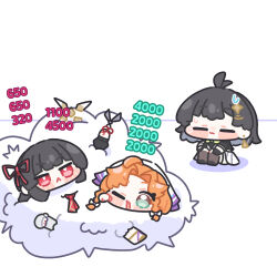  3girls :< black_hair bow bright_pupils chibi chibi_only chisa_(wuthering_waves) closed_eyes closed_mouth commentary_request earrings female_rover_(wuthering_waves) green_eyes hair_bow hair_ornament hair_ribbon highres holding holding_scissors jewelry multiple_girls necktie one_eye_closed orange_hair red_eyes red_necktie red_ribbon ribbon rover_(wuthering_waves) scissors sigrika_(wuthering_waves) sitting sweatdrop syurikenmaru v-shaped_eyebrows white_pupils wuthering_waves yellow_ribbon 