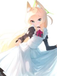  1girl absurdres alternate_costume animal_ears apron aqua_eyes black_dress blonde_hair blue_archive blush bow closed_mouth commentary dress fox_ears fox_girl green_halo halo highres kurumi_(blue_archive) long_hair long_sleeves maid maid_apron puffy_long_sleeves puffy_sleeves red_bow rokun solo very_long_hair 