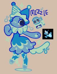  1girl animal_hands black_eyes blue_skin blush bubble carrot_andlemon colored_skin commentary deltarune elemental_(creature) english_commentary eyelashes furry furry_female hat highres jester_cap mizzle_(deltarune) reference_inset ruffled_collar solo sparkle star_(symbol) tail utdr_(toby_fox) water_cooler water_cooler_(deltarune) water_elemental 