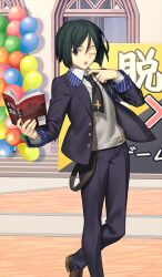  1boy adjusting_clothes adjusting_necktie black_eyes black_hair black_jacket black_necktie black_pants blazer blue_socks bob_cut book brown_shoes collared_shirt commentary_request crossed_ankles fate/grand_order fate_(series) feet_out_of_frame game_asset grey_sweater_vest hair_between_eyes holding holding_book jacket lapels male_focus necktie notched_lapels official_art one_eye_closed open_book open_clothes open_jacket outdoors pants partial_commentary shirt shoes short_hair socks solo standing standing_on_one_leg sweater_vest takeuchi_takashi third-party_source waver_velvet waver_velvet_(fgo_fes._2026) white_shirt 