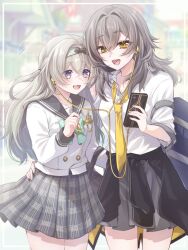  2girls arm_around_another's_waist bag bare_legs blue_eyes blush bow brooch brown_sailor_collar buttons clothes_around_waist collarbone commentary_request double-breasted duffel_bag earphones firefly_(honkai:_star_rail) firefly_(spring_missive)_(honkai:_star_rail) gradient_eyes green_bow grey_hair grey_skirt hair_between_eyes hairband hand_up highres holding holding_phone honkai:_star_rail honkai_(series) jacket jacket_around_waist jewelry long_hair long_sleeves loose_necktie medium_hair multicolored_eyes multiple_girls necktie open_mouth partially_unbuttoned phone pink_eyes plaid_clothes plaid_skirt sailor sailor_collar shared_earphones shirt signature skirt smile soranonokumo stelle_(honkai:_star_rail) trailblazer_(honkai:_star_rail) white_shirt wing_brooch yellow_eyes yellow_necktie 