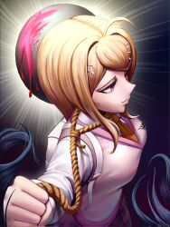  1girl ahoge akamatsu_kaede backpack bag ball blood closed_mouth collared_shirt colored_blood commentary danganronpa_(series) danganronpa_v3:_killing_harmony english_commentary hair_ornament highres keepsalo long_hair musical_note musical_note_hair_ornament musical_note_print necktie orange_necktie pink_blood pink_eyes pink_sweater_vest rope shirt strangling_self sweater_vest white_bag white_shirt 