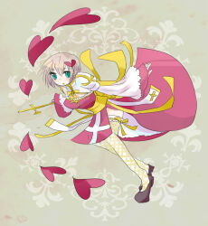  1girl arch_bishop_(ragnarok_online) black_shoes blue_eyes blush brown_hair cleavage_cutout clothing_cutout commentary_request cross dormir_(challco) dress fishnet_thighhighs fishnets frilled_thighhighs frills full_body grey_background hair_ornament heart heart_hair_ornament holding holding_staff juliet_sleeves leaning_forward long_sleeves looking_at_viewer open_mouth puffy_sleeves ragnarok_online running sash shoes short_hair solo staff thigh-highs two-tone_dress white_dress white_thighhighs yellow_sash 