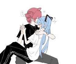  2girls ahoge black_pants black_shirt blue_hair blush closed_eyes commentary_request drill_hair grey_pants hatsune_miku highres holding_hands interlocked_fingers kasane_teto kiss kissing_forehead long_hair multiple_girls pants red_hair shirt simple_background sitting sitting_on_lap sitting_on_person speech_bubble thought_bubble translation_request twin_drills twintails utau vocaloid white_background white_shirt y0g_lu yuri 