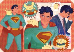  1boy absurdres belt black_hair blue_bodysuit bodysuit boots cape clark_kent dc_comics dr-paint formal_clothes glasses highres male_focus red_boots red_cape solo suit superhero_costume superman superman_(2025) superman_(series) superman_logo yellow_belt 