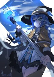  1girl absurdres artist_name black_dress black_hat blue_eyes blue_hair braid braided_ponytail brown_cloak cloak closed_mouth commentary_request cowboy_shot dress flat_chest frown grey_dress hat highres holding holding_staff long_hair long_sleeves looking_at_viewer mage_staff multicolored_dress mushoku_tensei roxy_migurdia solo staff watermark white_dress witch_hat yuuki931869 