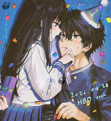  1boy 1girl arm_behind_back black_hair black_jacket blue_background blue_neckerchief blue_sailor_collar blue_skirt blunt_bangs blush box character_name chitanda_eru collared_shirt commentary_request confetti dated double-parted_bangs food food_on_face gift gift_box green_eyes hair_between_eyes hand_on_another's_face happy_birthday hat holding holding_box hyouka jacket kamiyama_high_school_uniform_(hyouka) licking_lips long_hair long_sidelocks long_sleeves mery_(yangmalgage) neckerchief open_mouth oreki_houtarou party_hat pleated_skirt sailor_collar school_uniform serafuku shirt short_hair sidelocks signature skirt sweat tongue tongue_out violet_eyes white_shirt 