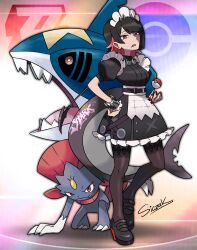  1girl absurdres apron black_dress black_hair black_pantyhose black_shoes dress ellen_joe fins fish_tail hand_on_own_hip highres looking_at_viewer maid maid_apron maid_headdress multicolored_hair open_mouth pantyhose poke_ball poke_ball_(basic) pokemon pokemon_(creature) red_hair shark_girl shark_tail sharpedo shoes short_hair siczak tail two-tone_hair weavile white_apron zenless_zone_zero 