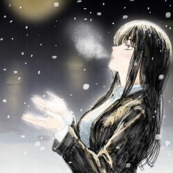  1girl black_hair black_jacket breasts breath commentary_request from_side grey_eyes highres isuke_(isuke_now) jacket large_breasts open_hands shirt snowing solo touma_kazusa upper_body white_album_(series) white_album_2 white_shirt 