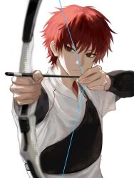  1boy absurdres alternate_costume archery black_vest bow_(weapon) closed_mouth commentary_request ffdei2i highres korean_commentary layered_sleeves long_sleeves male_focus naruto_(series) naruto_shippuuden red_eyes red_hair sasori_(naruto) serious shirt short_hair short_over_long_sleeves short_sleeves simple_background solo vest weapon white_background white_shirt 