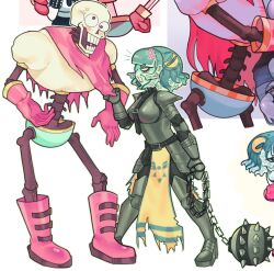 1boy 1girl 2026 2d 6_9 anger_vein anthro aqua_shorts aqua_skin armor armored_boots belt black_shirt blue_shorts boots bracelet breastplate breasts cape carrying carrying_person cephalopod cephalopod_eyes chains clothes_grab colored_skin commentary crop_top cropped delta_rune_(symbol) delta_rune_print denim denim_shorts digital_media duo eyelashes female full_body gauntlets gloves green_hair hetero holding holding_chain holding_weapon horizontal_pupils hug humanoid ichi_(tentaclesnbones) interspecies jewelry legs_apart mace making-of_available male monster monster_boy monster_girl multiple_views necklace notice_lines oc_x_canon octopus octopus_girl original original_character papyrus_(undertale) pauldrons pelvic_curtain princess_carry red_boots red_cape red_gloves shirt short_hair shorts simple_background skeleton spiked_bracelet standing suction_cups sweat teeth tentacle_girl tentacle_hair tube_shirt undead undertale utdr_(toby_fox) weapon white_armor white_background white_crop_top yellow_eyes yellow_pelvic_curtain