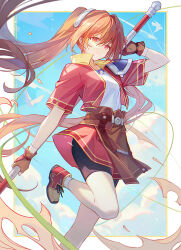  1girl armor bike_shorts bike_shorts_under_skirt bird black_shorts blue_sky bo_staff border brown_gloves brown_hair closed_mouth clouds commentary_request cropped_jacket eiyuu_densetsu estelle_bright fingerless_gloves floating_hair gloves hair_intakes hairband highres holding holding_behind_back holding_staff holding_weapon holding_weapon_behind_back jacket leather leather_gloves leg_up light_smile long_hair looking_at_viewer metal_hairband open_clothes open_jacket outside_border pauldrons red_eyes red_jacket red_skirt shirt shiyoi shoes short_sleeves shorts shorts_under_skirt shoulder_armor single_pauldron skirt sky sneakers socks solo sora_no_kiseki staff twintails upper_body very_long_hair weapon white_border white_shirt white_socks 