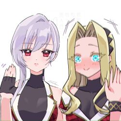  aqua_eyes bare_arms bare_shoulders blonde_hair blush commentary covered_collarbone curtained_hair eiai_nano expressionless fingerless_gloves gloves grey_hair hair_between_eyes hand_up kimi_no_koto_ga_dai_dai_dai_dai_daisuki_na_100-nin_no_kanojo long_hair looking_at_viewer red_eyes simple_background sleeveless smile syuuka617 upper_body utsukushisugi_mimimi watermark waving white_background wristband 