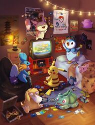  bird blastoise brass_tower_(pokemon) bulbasaur charizard clefairy controller crt ditto doll duck ecruteak_city english_commentary food gabedraws4u game_boy game_boy_advance game_boy_advance_(original) game_controller gengar handheld_game_console ho-oh holding holding_controller holding_game_controller lava_lamp mudkip nintendo_64_controller no_humans oddish on_bed penguin pikachu piplup pizza pizza_box pokemon pokemon_(creature) pokemon_card pokemon_snap poliwhirl poster_(object) psyduck stuffed_toy substitute_(pokemon) tentacruel 