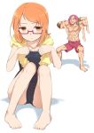  2boys :d ^_^ abs barefoot character_request closed_eyes eyes_closed falsetto_(suite_precure) glasses minamino_souta minazuki_randoseru multiple_boys muscle open_mouth orange_eyes orange_hair pink_hair precure shirabe_ako shirtless shorts sitting smile suite_precure swimsuit towel_on_shoulders white_background 