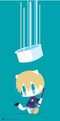  1girl animal_ears artist_name blonde_hair blue_background blue_eyes broom chameleon_man_(three) character_request chibi chibi_only coat commentary_request copyright_request double-parted_bangs falling_object fox_ears fox_girl fox_tail full_body hair_between_eyes holding holding_broom long_sleeves motion_lines no_lineart no_mouth purple_coat short_hair simple_background solo standing tail 