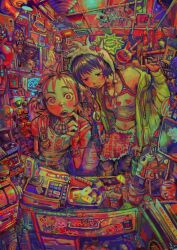  +_+ 2girls ane_(yakamashi0) arcade_cabinet bandaid bandaid_on_face bandaid_on_nose belt belt_buckle bikini bikini_under_clothes bracelet buckle button_eyes buttons card cash_register colorful commentary doll drawer fang fish_skeleton fur-trimmed_skirt fur_trim guitar hat headset heart heart-shaped_eyewear highres indoors instrument jar jewelry looking_at_viewer mask medium_hair multiple_girls navel navel_piercing neck_warmer necklace neon_sign open_mouth original piercing plaid_clothes plaid_skirt playing_card red_eyes rocket shirt short_sleeves skirt skull slot_machine spiked_bracelet spikes sticker sunglasses swimsuit t-shirt tank_top toy tray unworn_mask vinyl_record white_hat 