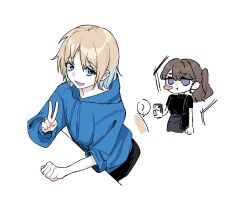  2girls :d :t alternate_hair_length_(shorter) alternate_hairstyle basil_(wgh0anzdple3asf) black_shirt blonde_hair blue_eyes blue_hair blue_hoodie blush_stickers brown_hair cellphone commentary fang fujishima_megumi fujishima_megumi_(post-graduation_casual) gradient_hair grey_skirt highres holding holding_phone hood hood_down hoodie jewelry long_hair long_sleeves love_live! love_live!_hasu_no_sora_jogakuin_school_idol_club mira-cra_park! multicolored_hair multiple_girls no_jacket open_mouth osawa_rurino phone ponytail ring shirt short_hair short_sleeves simple_background single_blush_sticker skin_fang skirt smartphone smile untranslatable_commentary v violet_eyes virtual_youtuber wedding_ring white_background 