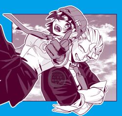  andy_(undead_unluck) beanie black_hair black_jacket buttons clothes_around_waist collared_shirt commentary_request crossed_arms hair_up hat highres izumo_fuuko jacket monochrome muscular muscular_male necktie no_eyebrows pointing scar scar_on_face shirt short_hair suguriko undead_unluck union_emblem_(undead_unluck) white_hair 