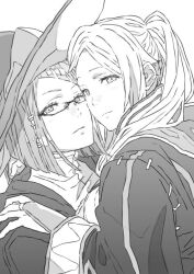  2girls bridal_gauntlets cheek-to-cheek closed_mouth commentary_request female_robin_(fire_emblem) fire_emblem fire_emblem_awakening glasses greyscale hands_on_another's_shoulders hat heads_together hood hood_down hooded_robe large_hat long_hair long_sleeves looking_at_viewer miriel_(fire_emblem) monochrome multiple_girls robe short_hair simple_background tsujii_luki twintails witch_hat 