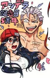 1boy 1girl absurdres andy_(undead_unluck) beanie black_hair breasts chest_tattoo commentary_request crying crying_with_eyes_open hair_up hat highres izumo_fuuko jacket large_breasts long_hair no_eyebrows red_eyes scar scar_on_chest scar_on_face shirt smile tank_top tattoo tears un_ssm undead_unluck white_hair white_shirt 