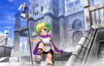  1girl bianca&#039;s_daughter bike_shorts blonde_hair blue_eyes cape child cross-laced_footwear dragon_quest dragon_quest_v hair_ribbon moonknives mutsuki_(moonknives) polearm ribbon sandals short_hair sitting solo weapon 