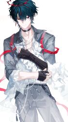  1boy absurdres arknights arknights:_endfield asymmetrical_gloves bishounen black_choker black_gloves blood blood_halo camille_(arknights) chinese_commentary choker collared_jacket commentary_request cowboy_shot cropped_jacket crystal_earrings earrings fingerless_gloves gloves green_eyes green_hair halo highres jacket jewelry liquid_halo looking_down male_focus multicolored_hair neck_tattoo partially_fingerless_gloves pectoral_cleavage pectorals poet_shirt pointy_ears red_streaks shirt simple_background single_earring solo spiked_halo streaked_hair tattoo uneven_gloves vampire white_background white_shirt xuanfananchun 