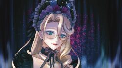  1girl aia_amare aia_amare_(necromancer) aqua_eyes black_bonnet blonde_hair bonnet drill_hair earrings eyeshadow forninisani frilled_bonnet frills glasses gothic_lolita hair_between_eyes highres jewelry lolita_fashion looking_at_viewer makeup mole mole_under_eye necklace nijisanji nijisanji_en pearl_necklace portrait red_lips solo symbol-shaped_pupils virtual_youtuber x-shaped_pupils 