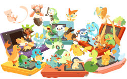  bird bulbasaur celebi charmander chespin chikorita chimchar commentary_request crocodile crocodilian cyndaquil diancie fennec_fox fennekin froakie frog game_boy game_boy_advance game_boy_color gecko handheld_game_console hedgehog hitofutarai jirachi lizard manaphy meloetta meloetta_(aria) mew_(pokemon) monkey mudkip nintendo_3ds nintendo_ds no_humans oshawott otter penguin piglet piplup poke_ball pokemon pokemon_(creature) pokemon_focus rock salamander shaymin simple_background snivy squirtle starter_pokemon_trio tepig torchic totodile treecko turtle turtwig white_background 