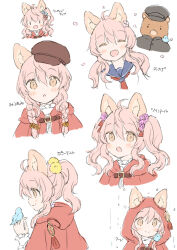  1girl :d :o ^_^ ahoge animal animal_ear_fluff animal_ears animal_on_hand bear bird black_hat black_jacket blue_sailor_collar blush braid brown_hat capelet chibi chiisana_mori_no_ookami-chan closed_eyes commentary_request ears_through_headwear fang flower gakuran hair_flower hair_ornament hair_over_shoulder hat hood hood_down hood_up hooded_capelet jacket long_hair low_twintails multiple_views newsboy_cap one_side_up parted_lips pink_flower pink_hair rain red_capelet sailor_collar school_uniform serafuku shirt smile tilted_headwear translation_request twin_braids twintails wataame27 white_background white_shirt wolf-chan_(wataame27) wolf_ears yellow_flower |_| 