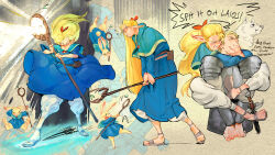  >_< 1boy 1girl ambrosia_(dungeon_meshi) armor blonde_hair blue_capelet blue_robe breastplate capelet chainmail clenched_teeth den-denzz dog dungeon_meshi elf english_commentary english_text flying_sweatdrops hair_ribbon highres holding holding_staff hood hooded_capelet kensuke_(dungeon_meshi) laios_touden leg_lock long_hair magic marcille_donato o3o pants pauldrons plate_armor pointy_ears ponytail puffy_cheeks puffy_pants rabbit_girl red_ribbon ribbon robe sandals scabbard sheath short_hair shoulder_armor staff sword teeth weapon white_pants wide_sleeves yellow_eyes 