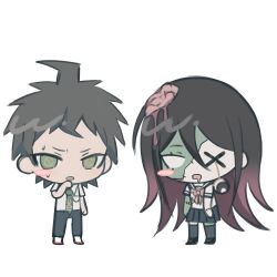  1boy 1girl ahoge anami_saki blue_serafuku blue_skirt blush blush_stickers bow bowtie brain breast_pocket brown_hair chibi chibi_only collared_shirt colored_skin danganronpa_(series) danganronpa_2:_goodbye_despair eggydgrp exposed_brain eye_socket green_eyes green_necktie green_skin highres hinata_hajime long_hair multicolored_skin necktie no_pupils oc_x_canon original pink_bow pink_bowtie pink_hair pocket polo_shirt school_uniform serafuku shirt shoes simple_background skirt stitched_arm stitched_face stitches sweatdrop two-tone_skin white_background white_shirt white_shoes x_x zombie 
