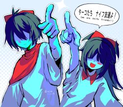  1girl 1other :d aqua_(deltarune) aqua_(deltarune)_(cosplay) aqua_dress aqua_skin blue_eyes blush_stickers bow collar collared_dress colored_skin cosplay deltarune dress english_text fang hair_bow hair_over_eyes highres kris_(dark_world)_(deltarune) kris_(deltarune) long_hair outline pointing pointing_up polka_dot polka_dot_background red_bow red_collar red_scarf rein_12 scarf shaded_face short_hair single_blush_sticker skin_fang smile upper_body utdr_(toby_fox) white_background white_outline wide_sleeves 