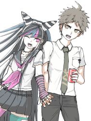  1boy 1girl asymmetrical_legwear black_scrunchie blue_streaks commentary_request danganronpa_(series) danganronpa_2:_goodbye_despair ear_piercing face_piercing gloves hair_horns highres hinata_hajime holding_hands interlocked_fingers jalukstandard lip_piercing mioda_ibuki mismatched_legwear mouth_piercing multicolored_hair multiple_piercings neckerchief piercing pink_neckerchief pink_streaks scrunchie sequential_piercings smile streaked_hair striped_clothes striped_gloves thigh-highs torn_clothes torn_thighhighs white_streaks wrist_scrunchie 