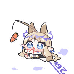  1girl animal_ears blonde_hair blue_eyes carrot cartethyia_(wuthering_waves) chibi chibi_only commentary_request facial_mark fishing_rod highres holding holding_fishing_rod jewelry long_hair looking_ahead open_mouth pointy_ears simple_background solo syurikenmaru white_background wuthering_waves 