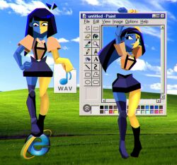  1girl asymmetrical_legwear black_hair black_skirt bliss_(image) blue_skin colored_skin commentary ena_(ena) ena_(series) ena_(species) ena_(web_series) floating_head highres holding hornakhtyotef internet_explorer mismatched_legwear multicolored_skin school_uniform skirt split-color_skin suspenders suspenders_slip two-tone_skin window_(computing) yellow_skin 