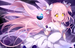 1girl absurdres angel_wings commentary dress earth_(planet) english_commentary hair_ribbon highres kaname_madoka mahou_shoujo_madoka_magica mahou_shoujo_madoka_magica_(anime) pink_hair planet ribbon solo soul_gem_(madoka_magica) ultimate_madoka white_dress wings x3n yellow_eyes