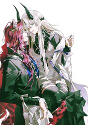  1boy 1girl absurdres animal_ears arknights artist_request black_horns black_jacket blonde_hair breasts chinese_commentary commentary_request commission cowboy_shot dragon_girl dragon_horns dress hair_over_one_eye hetero highres horns jacket leopard_boy leopard_ears leopard_tail long_hair long_sleeves looking_at_another necrass_(arknights) pink_hair profile second-party_source simple_background sitting sitting_on_lap sitting_on_person smile tail tail_around_another's_leg tail_wrap thigh-highs torn_clothes torn_thighhighs tragodia_(npc)_(arknights) white_background white_dress yellow_eyes 