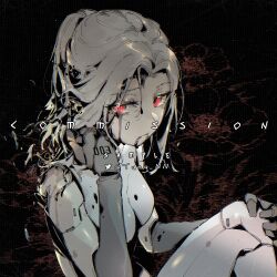  1girl adjusting_hair android black_background black_liquid closed_mouth commission crop_top curtained_hair cytus cytus_ii damaged grey_hair grey_shirt half_updo hand_on_own_knee jill_(cytus) liquid_from_eyes liquid_from_mouth looking_at_viewer medium_hair metal_skin number_tattoo red_eyes shirt skin_seams solo spongeman9214 tattoo twitter_username 